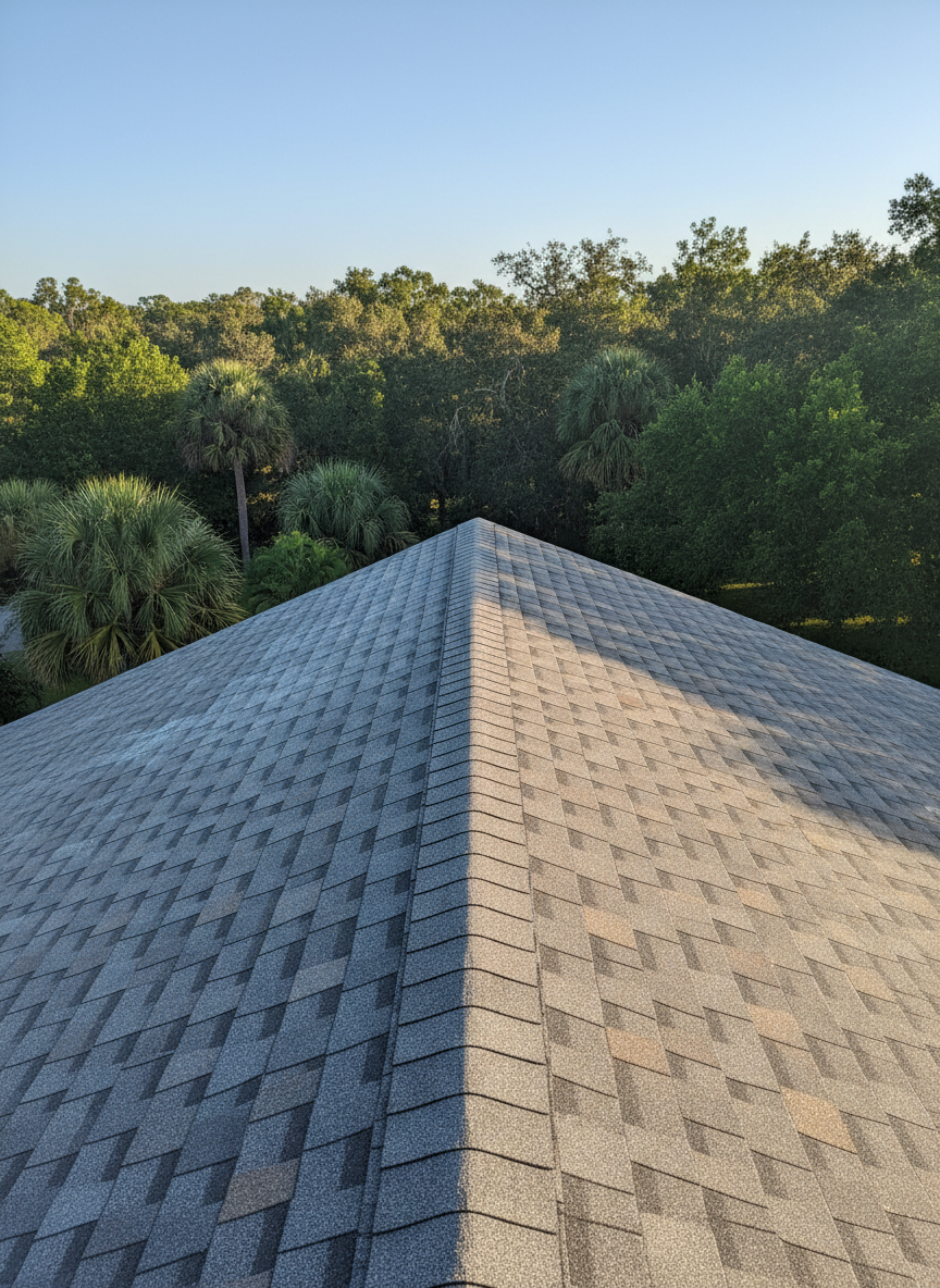A freshly cleaned residential roof featuring bright, streak-free shingles with subtle hints of moisture, highlighting the texture and pattern of the tiles. The roof is set against a backdrop of lush green Central Florida trees and a clear blue sky. The late morning sunlight creates natural highlights and gentle shadows, enhancing the cleanliness and vibrant colors of the roof. The mood is fresh, professional, and reassuring, perfect for showcasing expert exterior cleaning results. Captured from a low-angle, slightly elevated perspective, the composition frames the roof as the central focus, using rule of thirds for added balance. The style is photographic realism, clean and modern, aligning with the professional nature of exterior cleaning services.